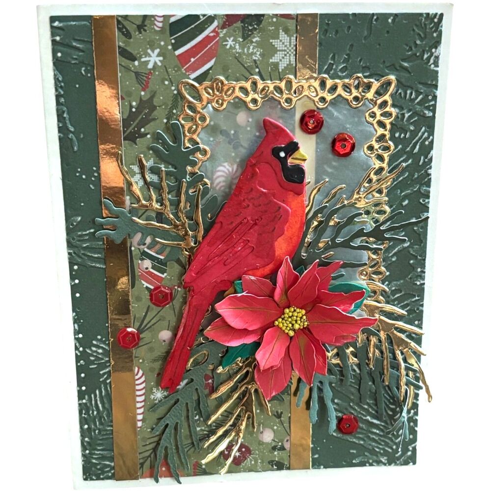 Handmade 3D Cardinal Christmas Card Gold Green Holiday Seasonal Greetings